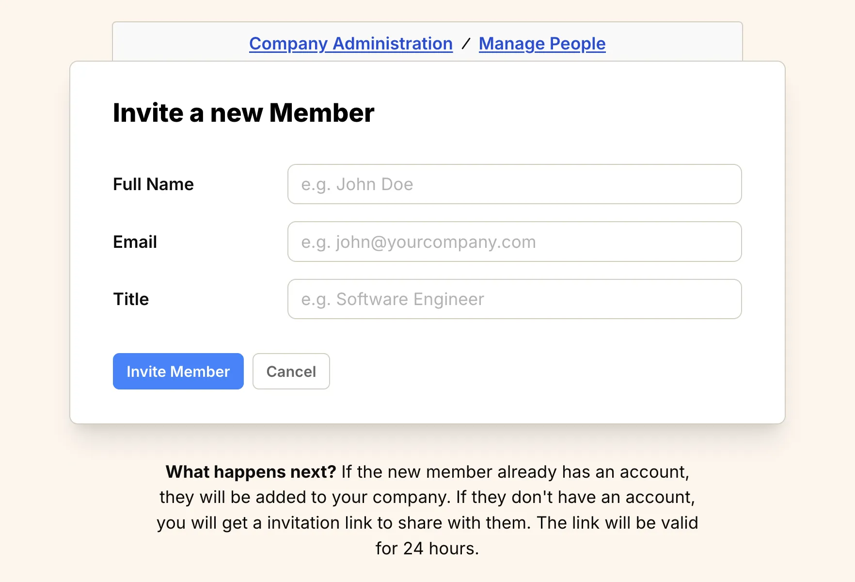 Screenshot: Invite a new Member form